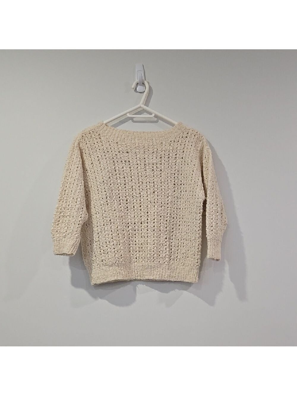 Vintage Handknit Peekaboo Cream Knit Cropped Fisherman Core Women's Sweater